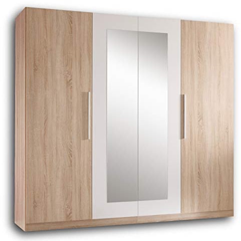 Stella Trading MARTINA Schlichter Kleiderschrank 4-türig - Vielseitiger Drehtürenschrank mit zwei Spiegeltüren in Eiche Sonoma Optik, weiß - 228 x 213 x 59 cm (B/H/T)