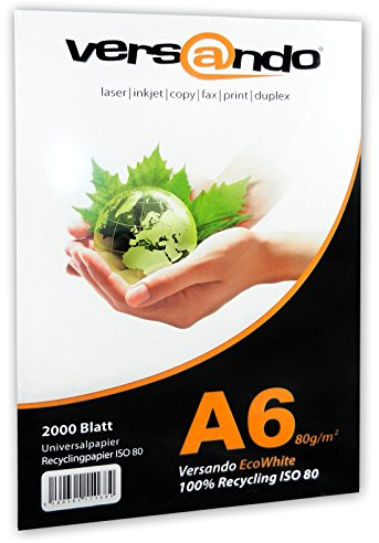 versando 2.000 Blatt Recyclingpapier DIN A6 EcoWhite 80g Kopierpapier Druckerpapier Öko Umweltpapier Rezeptpapier (148 x 105 mm)