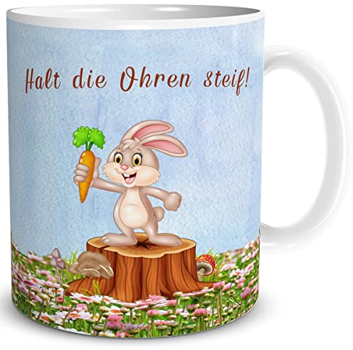 TRIOSK Tasse Hase mit Spruch lustig Halt die Ohren steif Geschenk für Frauen Männer Kollegen Ostern Geburtstag Abschied Abschiedsgeschenk, Keramik 300ml