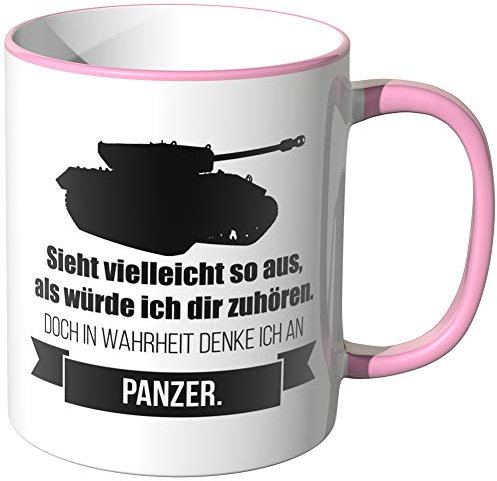 JUNIWORDS Tasse - Ich denke an Panzer - Wähle Motiv & Farbe - Rosa