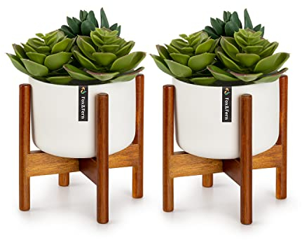 Fox & Fern Soporte moderno para plantas con maceta, soporte para plantas de interior, set de 2 mini soportes, incluye maceta de cerámica blanca de 3.5 pulgadas, madera de acacia