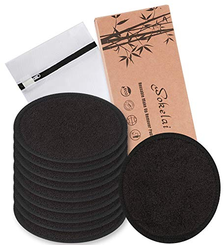 10-Pack Reusable Makeup Remover Pads, 3.15-Inch Black Bamboo Cotton Rounds, 2-Layer Washable Eco-Friendly Facial Cleansing Pads with Laundry Bag – Soft, Organic, and Ideal for Daily Face Care
