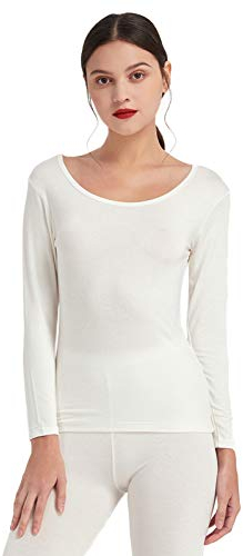 Mcilia Damen Ultradünnes Thermo-Basisschicht Oberhemd aus Modal mit tiefem Rundhalsausschnitt Elfenbeinweiß Small (EU 34 36 38)