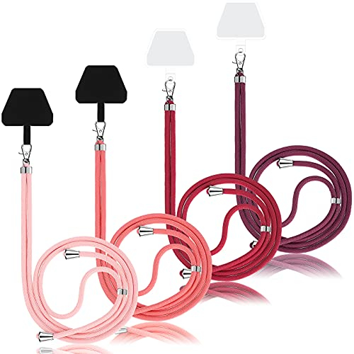 Weewooday 4 Stück Universal-Handy-Lanyards mit verstellbarem abnehmbarem Nylon-Umhängeband und 4 Stück schwarzen und transparenten Pads für die meisten Smartphones, Rote Farb-Serie, as pictures shown