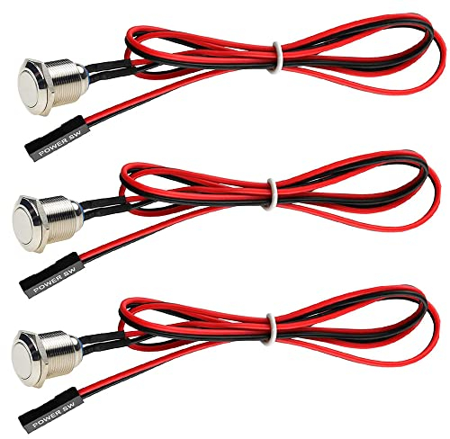 Guuzi 3 Stück Chassis-Taste Host-Metallknopf, Computer-Host-Druckknopfkabel PC-Gehäuse Netzschalter ATX-Versorgung Ein/Aus für DIY-Computerknopf 60cm (16mm)