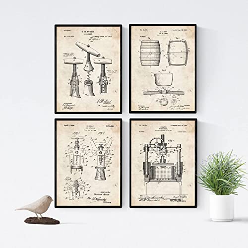 Nacnic Wein Patent Poster 4er-Set. Vintage Stil Wanddekoration Abbildung von Önologie und Alte Erfindungen. Verschiedene auffällig Wein Bilder ohne Rahmen. Größe A4.