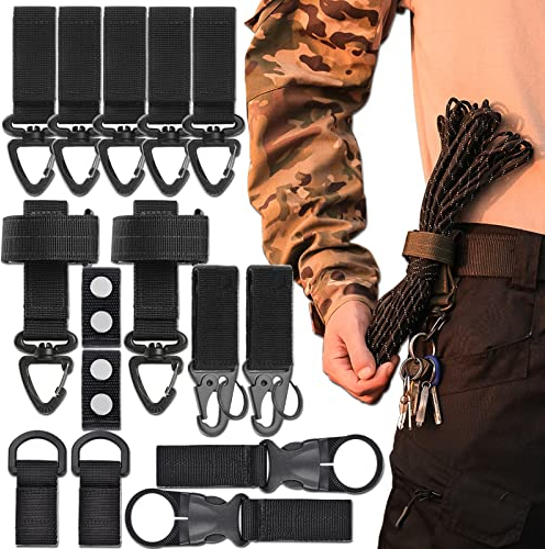15PCS Molle Tactical Gear Clip Set für Taktische Rucksack Taschenweste - Gurtbandbefestigungen Nylon-Gürtelhalter, Handschuhriemenhalter, Schlüsselringhalter, hängende Karabinerschlaufe (schwarz)
