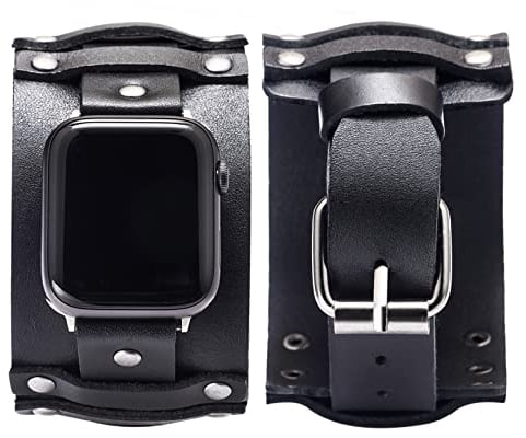 Thajaling Black Wide Leather Cuff Band, Compatible with Watch Band 38mm/40mm/42mm/44mm, Series 7, Series 6, Series 5, Series 4, Series 3, Series 2, Series 1, SE (42/44MM)