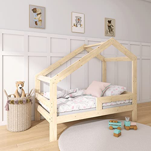Need Sleep Kinderbett Haus Hausbett 70x140 cm mit Rausfallschutz Kinder Montessori Bett Kleinkind Juniorbett ab 2 Jahre Jungen Mädchen Holz Einzelbett für Kinderzimmer Asymmetrisch