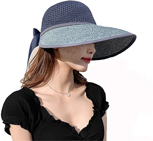 Femme Casquette Visière Été Capeline Respirant Chapeau de Paille Large Bord Protection Solaire Chapeau de Soleil Plage Réglable Bob Pliable Chapeau de Seau UPF 50+ Anti-UV pour Voyage Vacances Pêche