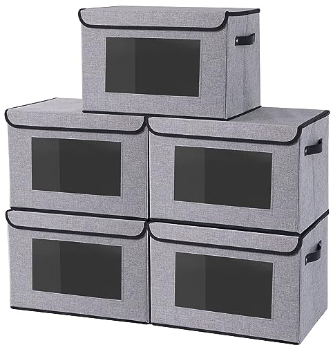 YheenLf Aufbewahrungsbox mit Deckel, Kleiderschrank Organizer, Stoff Grau Aufbewahrungsboxn mit Fenster, Faltbox mit Griff, 5 Stück, 45x30x30cm