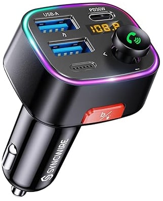 Syncwire Trasmettitore FM Bluetooth 5.3, 48W (PD 36W e 12W) Doppia Porta USB di Ricarica Adattatore Auto, Radio Ricevitore Wireless, Display LED, Chiamate in Vivavoce, Supporto Unità USB 64GB
