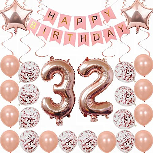 Kiwochy 32. Geburtstag Dekoration Rosegold Deko 32. Geburtstag Frauen Männer Party Deko Set 32 Geburtstag Frauen Deko Geschenk 32 jahre Geburtstag deko Ballon 32 Geburtstag Frauen 32 jahre Frauen