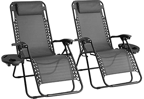 Sedol Zero Gravity Chairs Set of 2 – Reclining Textoline Sun Loungers for Garden & Patio – Foldable Outdoor Gravity Chairs with Cup Holder & Headrest – Summer Furniture for Camping & Beach (Grey)