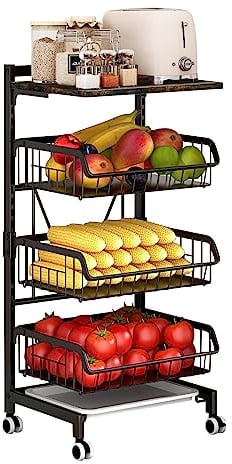 Todeco Panier de Fruits et Legumes avec Roues, Étagère à légumes pour Cuisine, 4 Niveaux avec Planche, Chariot de Rangement avec roulettes verrouillables et Plateau, pour Cuisine, Fruits, légumes