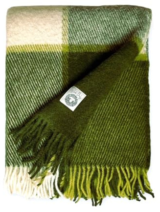 JOWOLLINA WOOLONLY 100% Lammwolle Wolldecke Plaid Karo Schottenmuster Tartan (Grün, 175x210 cm)