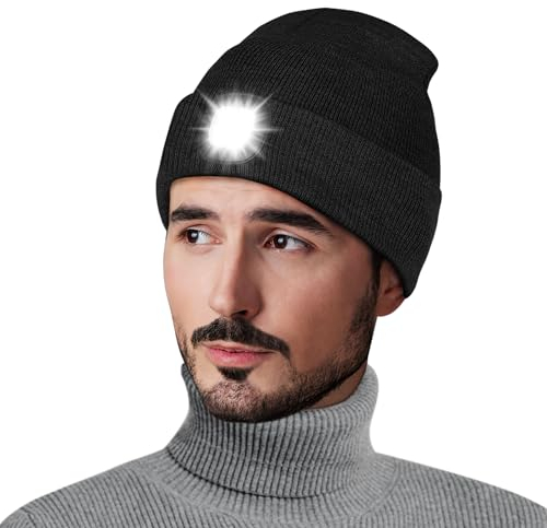 Richaa Geschenke für Männer Weihnachten Mütze mit LED Licht Herren Wiederaufladbare LED Mütze Damen Winter Beanie Schwarz Stirnlampe Lustige Kleine Geschenke für Papa Freundin Paare