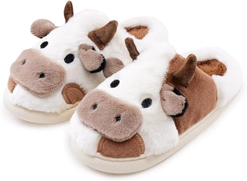 Coswind Pantofole Donna Uomo Invernali Ciabatte di Mucca Caldo with Memory Foam Cartone Animato Sliders Morbido Peluche Interno Esterno Slippers Mucca Marrone Tacco Aperto 270