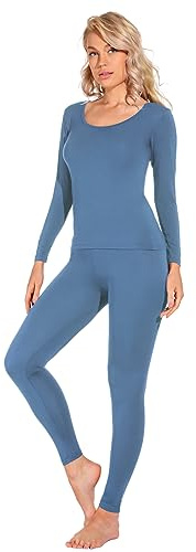 Liang Rou Women's Crew Neck Top & Bottom Ultra Thin Thermal Underwear Set Mist Blue Large