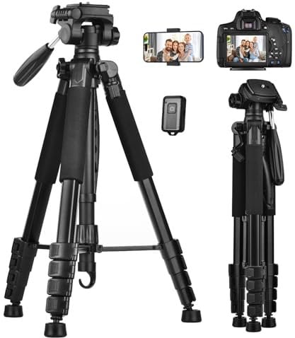 LINKCOOL 74 Inch Tall Tripod for Canon Nikon Sony - Lightweight Aluminum Camera Stand With Detachable Head, Remote Shutter & Phone Mount for Vlog Live Streaming