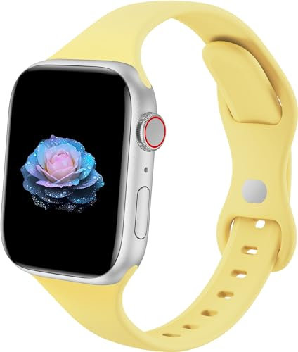 Sycamond Bracelet fin en silicone compatible avec Apple Watch 41 mm, 40 mm, 38 mm, bracelet de rechange fin et étroit pour iWatch Series SE 9 8 7 6 5 4 3 2 1 pour homme et femme, S/M jaune