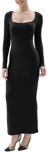 SHAPERX Women's Long Sleeve Dress Soft Lounge Ribbed Square Neck Bodycon Maxi Dresses, UK-SZ5280-Black-M