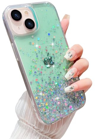 LCHULLE for iPhone 15 Case Girls Women Glitter Bling Clear Cover Cute Crystal Slim Fit Bumper Silicone Phone Case for iPhone 15 6.1inch 2023,Green