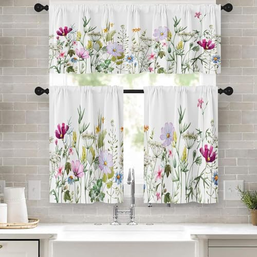 Emvency Frühlingsblumen-Küchenfenstervorhänge, Volant und Etagen-Set, 91,4 cm, rosa und violett, Blumenmuster, 3-teiliges Set, kurze Vorhänge für Fenster, Sommer-Fensterbehandlungsstufen für