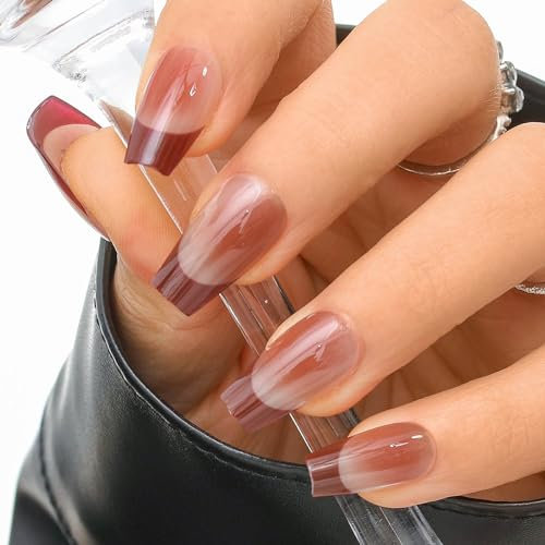 Sethexy Français Rouge foncé Ongles à presser Medium Coffin Faux ongles avec dessin 24PCS Brillant Couverture complète de l'art Faux ongles pour femmes et filles (3)