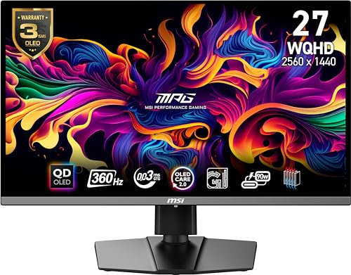 MSI MPG 271QRX QD-OLED, 27 OLED Gaming Monitor, 2560 x 1440 (QHD), OLED Response Time 0.03 ms, 360 Hz, True Black HDR 400, HDMI, DP Port, USB Type C, Tilt, Height