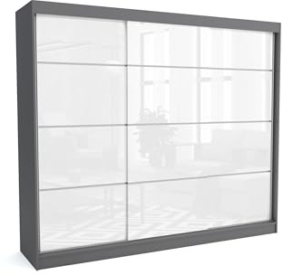 Brent - Kleiderschrank Schiebetüren July, 250cm Breit, Schlafzimmerschrank mit 1 Kleiderstange und Einlegeböden für Kleidung, Kleiderschrank Grau Matt/Weiß Hochglanz