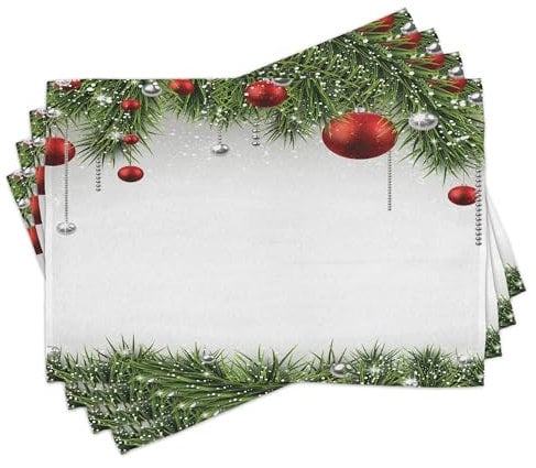 ABAKUHAUS Weihnachten Platzmatten 8 Stück, Klassische Weihnachtsverzierungen und Flitter Nadelkiefer Zweig Lametta Print, Waschbare Stoff Esszimmer Küche Tischdekorations Digitaldruck, Grün Rot
