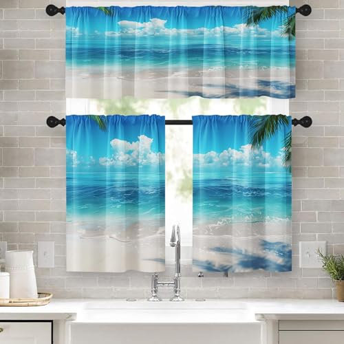 Emvency 91,4 cm Küchengardinen Strand Ozean Fenstervorhänge und Volants 3er Set Blau Meer Sommer Küste Kurzstöckiger Vorhang Vintage Kleine Küche Dekor
