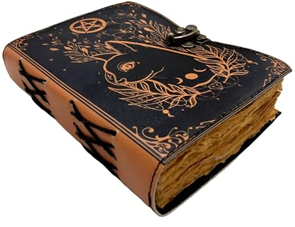 ANSAR HANDICRAFTS Blank Spell Book of Shadows Journal Little Witch Cat Printed Witchcraft Supplies Wiccan Notebook Handmade Vintage Deckle Paper Grimoire Journal Leather Sketchbook, Drawing Journal