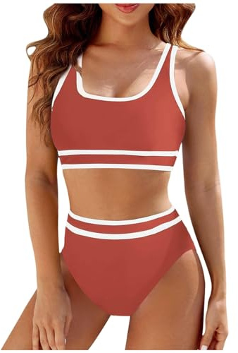 Maillot de Bain Bikini Femme 2 Pièces Amincissant Rayures Maillot de Bain Femme Débardeur Brassière avec Short de Plage Taille Haute Sport Natation Piscine Vacances (M, Rouge-2)