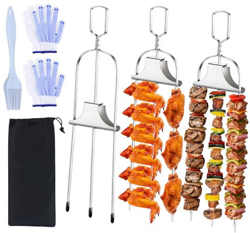 3 palitos de brocheta para asar a la parrilla de 14 pulgadas, pinchos de parrilla de 3 vías, pinchos de metal para barbacoa con deslizadores de varilla de empuje, accesorios de barbacoa, palos de asar