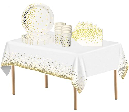 53PCS White & Golden Dot Party Tableware Decorations - Disposable Tableware Set for Birthday & Wedding Parties - Includes Table Cloth, Paper Plates (7inch), Cups, Napkins
