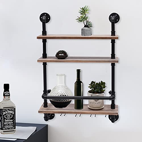 OMGGYER Industrielles Rohrregal Weinregal Wand Barregal, 3 Etagen Weinregal Metall Bar Regal Wand hängende Weinflaschen-Glasregale mit Stielglas-Aufhänger für Küche, Esszimmer, Bar, Wohn (61x20x89cm)