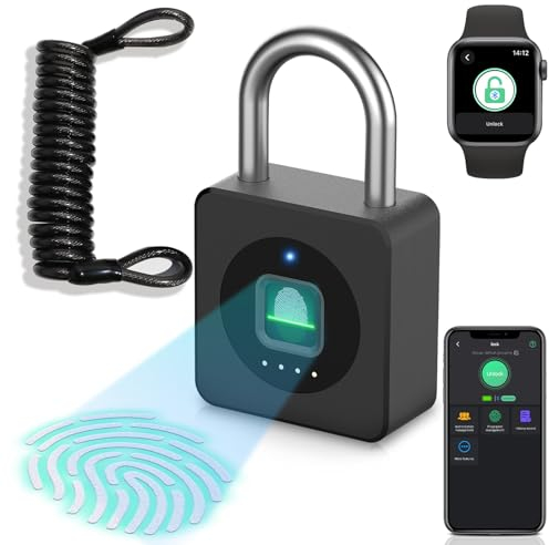Vorhängeschloss Fingerabdruck, Dhiedas Spindschloss, Schloss mit Fingerabdruck und APP, Vorhängeschloss Wetterfest mit 6MM Dicker Schäkel für Gym Spinde Koffer, Keller, Schule - Schwarz, mit Kabel