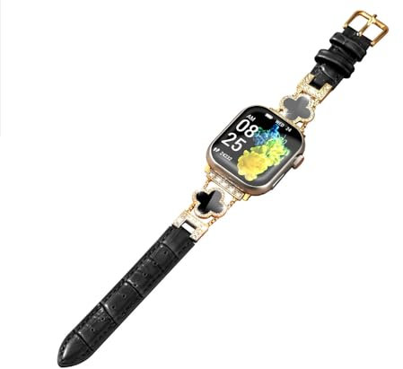 Fidzvsts Leather Straps Compatible with Apple Watch Women, Slim Replacement Band with four-leaf Clover Bling Diamond Metal Buckle for iWatch Series SE 8 7 6 5 4 3 2 1 Ultra 38mm 40mm 41mm Black