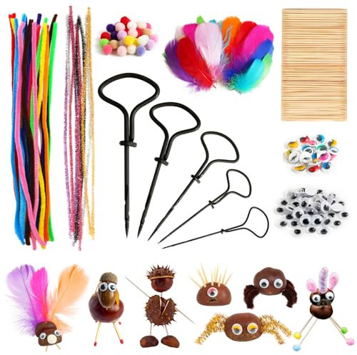 BOFUNX Kinder Kastanienbohrer Bastelset Kastanienbohrer Set DIY Kastanien Herbstdeko - Bohrer Pfeifenreiniger Federn Wackelaugen Pompons Zahnstocher