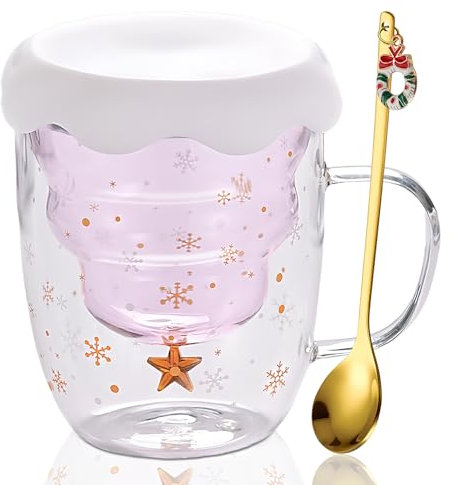 Jinlaili Tasses Mignonnes de Noël, Verres à Café Double Paroi Avec Couvercle, Sapin Noël en Verre, Tasse à Expresso, Cadeau (Rose)