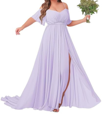 Brautjungfernkleider mit schulterfreiem Design und Ärmeln – Chiffon Plus-Size Festkleid, Flieder, 48