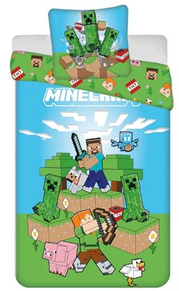 Bettwäsche Minecraft Outdoor Mobs, Bettwaren & Bettwäsche, 100 % Baumwolle, Bettbezug 140 x 200 cm + Kissenbezug 65 x 65 cm