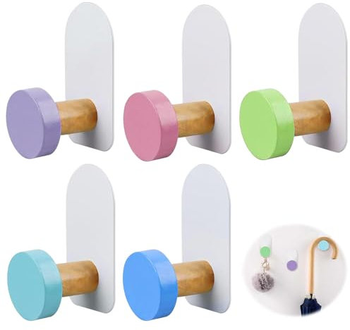 XIAQICA 5 pièces Crochets Muraux Colorés Crochets autocollants Sans Perçage Patères en Bois Enfant pour Cuisine Salle de Bain Salle de Séjour (5 Couleurs)