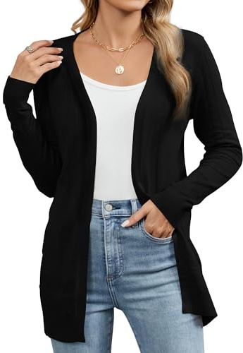 Famrrifuu Femme Gilet Manches Longues Col en V Cardigan Long Chic et Elegant Été Veste Tricot Léger Ouverte Gilets