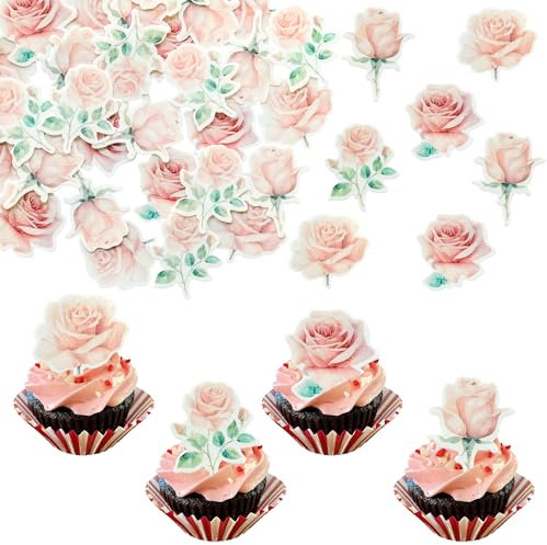 Ephlyn Cupcake-Aufsätze aus Esspapier mit Rosenmotiv, essbare Cupcake-Dekorationen für Rosen, Hochzeit, Verlobung, Valentinstag, Geburtstag, Party, Dekoration, Zubehör, Rosa, 48 Stück