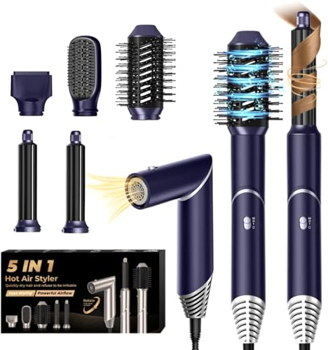 UKLISS 5 in 1 Hair Air Styler Heißluft Multistyler Locken Föhn Airstyler Haartrockner 60,000RPM mit Luft-Lockenstab Warmluftbürste Föhnbürste Hair Dryer Set Geschenkenset für Frauen, Blau
