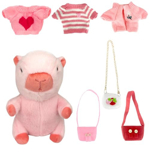 Juvanovo Capibara Peluche, 23cm Peluche Capybara, Peluche Capybara con Vestiti e Zaino, Pupazzo Capibara, Capybara Plush Toy, Simulazione Animale, Capybara Regali per Ragazzi e Ragazze (Rosa)