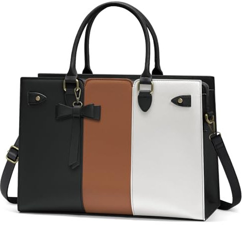 RAINSMORE Laptop Bags for Women PU Leather Work Bags for Women Tote Bag Large Handbag Shoulder Bag for Office 15.6 Inch Bussiness Black with White and Brown